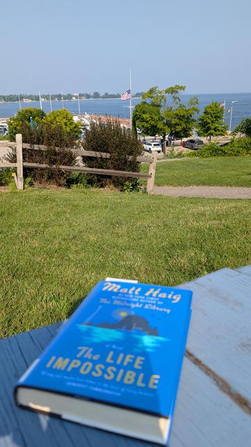 Library copy of The Life Impossible by Matt Haig on a blue wooden table. Grass, a fence, the Egg Harbor Marina, and the water of Green Bay are in the background.