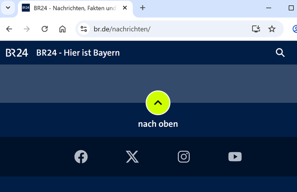 Screenshot von https://www.br.de/nachrichten/. Es zeigt die Social Media - Icons auf der Seite: Facebook, X, Instagram und Youtube. Es zeigt kein Mastodon-Icon. 