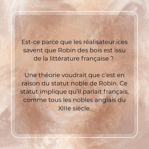 Slide de texte où on se demande si le réalisateur et la réalisatrice de Skrek savait que Robin des bois était français et fait remarquer qu'en tant que noble anglais du XIIe siècle, celui-ci parlait forcément français.