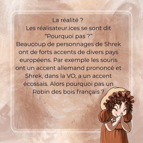 Dernière slide expliquant qu'en fait tous les personnages de Shrek ont un fort accent européen, donc que c'est un choix artistique.
On voit aussi un petit dessin de Little Jane qui rit.