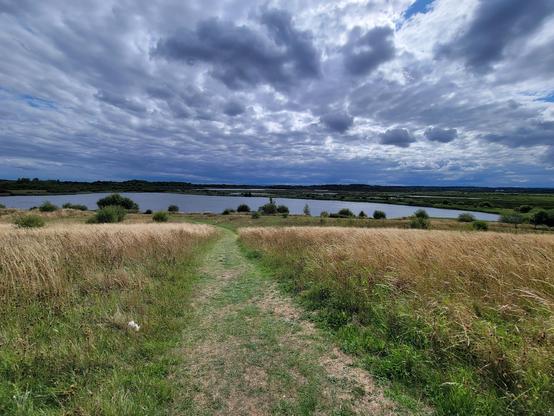 View over grassy slope leading down to a lake. Above stratus clouds streaking across the sky. The other photos show the view from the opposite side of the lake and a heron wading in the marshland. 