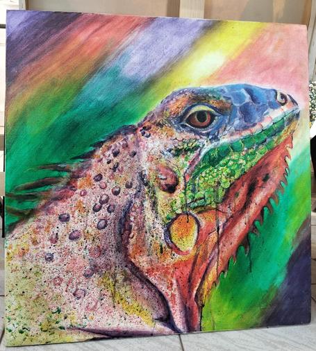 a painting of the side of the face of an iguana, looking upwards diagonally to the right, a rainbow of colors behind it 