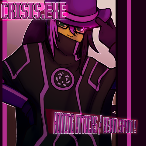 A colored drawing of a swarthy-skinned woman in a purple poncho and cowboy hat leaning against a wall. Most of her face is obscured by the poncho's high collar and the hat's brim, but green eyes, square glasses, and long bangs in various shades of purple are visible, as is some of her massive ponytail. The poncho and parts of the bodysuit under it that are visible sport violet Tron-style lines and a symbol on the chest resemble lavender rose petals arranged in a vaguely skull-like shape. Text in the upper left reads, "Crisis.EXE," and in lower right it says, "Homing attacks/beam spam!"