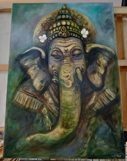 a painting of lord ganesha, seen from its torso up, its eyes low in meditation, done in green and ochre and brown tones 