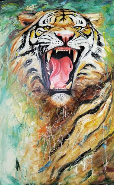 a painting of a tiger, its mouth open, looking fearsome, splatter and drip effects on it, blurred vegetation behind and around it, it is seen from its shoulder up 