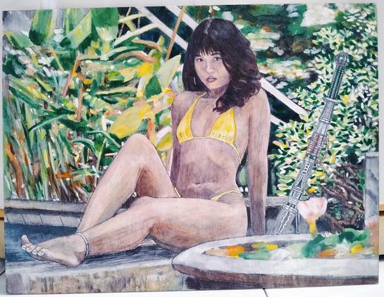 a painting of a young slender asian woman in a yellow swimsuit laying next to a pool, a sword in a scabbard by her side, she is reclined back, tropical trees and plants all around her 