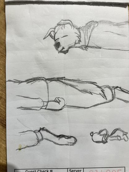 The original sketch for the digital drawing (previous image), drawn in three separated segments (due to poor or nonexistent planning), on a restaurant server's notepad.  A rough sketch of the character this pose is based upon (Snoopy sleeping on his belly) stands in the lower-right quadrant of the pad.