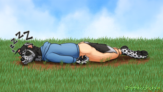 Amid a verdant field of short grass, an anthropomorphic border collie wearing an azure-blue hoodie and beige sweatpants sleeps belly-down on a bare patch of earth, his arms by his side, pointed towards his feet.  A train of Z's emerges from his muzzle.  The sky is blue, as it would be mid-day, but also filled with semitransparent white clouds.  The artist's signature sits on the bottom-right of the digital canvas.