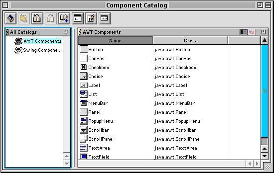 Pictured is a CodeWarrior 6 (IDE) utility window titled "Component Catalog" listing AWT and Swing components that can be used in Java GUI development.