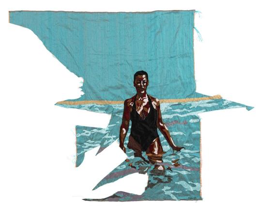 A black woman in a swimsuit emerges from the water. The artwork is made of scraps of silk fabric, with pieces both missing and cut out, and pieces extending beyond make the border of the piece irregular & undefined. 