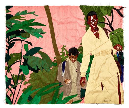 A Black mother and child are walking hand in hand through a lush leafy environment. The mother is wearing an elegant yellow dress and the child looks like he is wearing a school uniform with a backpack. The sky is pink. 