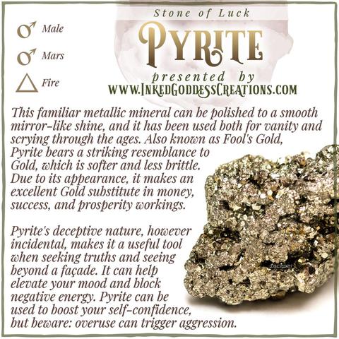 A raw chunk of pyrite sits against a white background. It's a metallic light brown and made up of hundreds of tiny geometric crystals. The text explains pyrite's metaphysical correspondences, some trivia about it, and ways to use it in your magickal practice. Presented by Inked Goddess Creations.