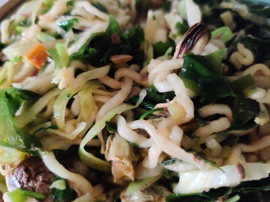 A close angle of some delicious ramen. Shredded bits of veggies and the occasional bit of fish are scattered throughout.