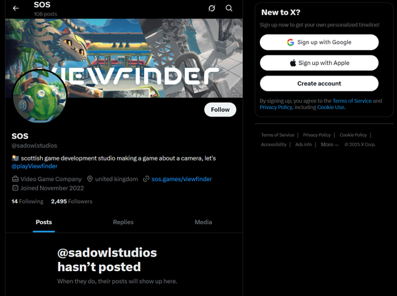 Twitter profile for Sad Owl Studios, which has 2,495 followers, while logged out of Twitter. Their profile details are all available, and at the top the page says "108 posts", but where there should be tweets the page says "@sadowlstudios hasn't posted".