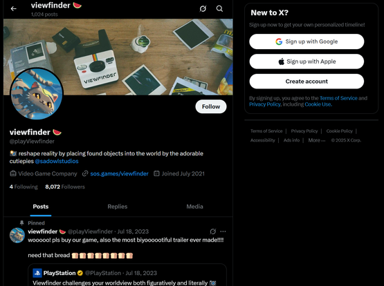 The Twitter profile for Viewfinder, a game made by Sad Owl Studios, while logged out of Twitter. The profile has 8,072 followers. Unlike the Sad Owl Studios profile, tweets are visible.