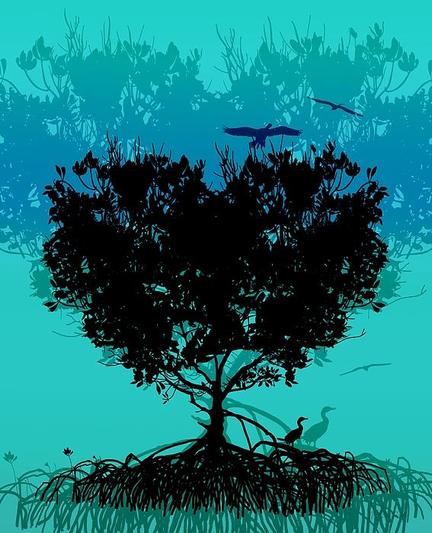 Heart Shaped Mangrove Tree On A Blue Day by Joan Stratton - https://paintingsbyjoan.com/

Early evening in the coastal shallows the mangrove tree, with its tangled root system, is home to many sea birds.

A heart-shaped mangrove tree stands silhouetted against a serene gradient blue sky, its tangled roots anchored in coastal shallows. Sea birds perch and glide nearby, adding movement and life to the tranquil scene.

Heart Shaped Mangrove Tree On A Blue Day is a visually poetic piece by Joan Stratton its silhouette and symbolism are striking, and the gradient blue backdrop adds a dreamy calm. A blend of nature’s symbolism with minimalist elegance—hand-drawn digitally from a blank canvas to evoke calm, connection, and coastal beauty.

Perfect for collectors of nature-inspired art, coastal landscapes, and symbolic compositions that speak to the heart.
