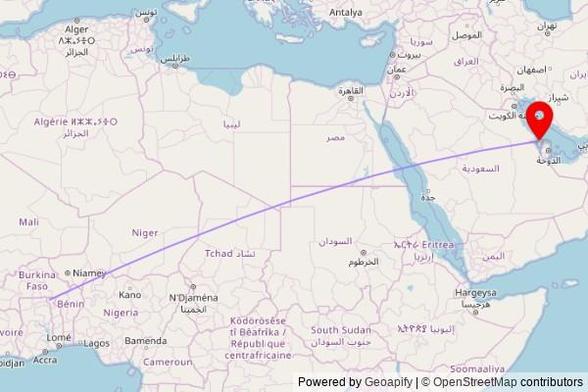 A map showing the great circle route from Dapaong in Togo to a map pin at Matam Almahmodyyat, Road 3035, Jid Hafs 428, Bahrain