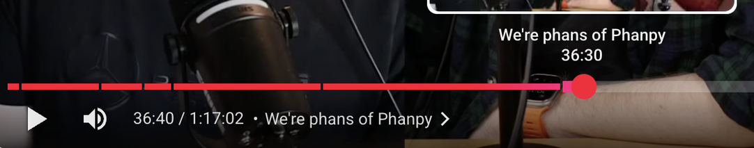 Video progress bar indicating the playback time at 36:40 of 1:17:02, with the chapter title "We're phans of Phanpy."