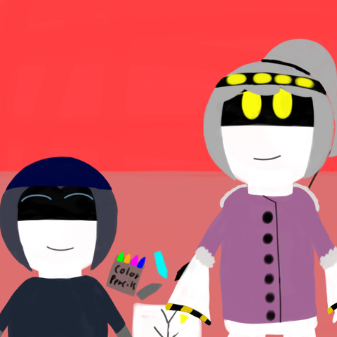 Drawing of D looking lovingly at Minerva with a smile and Minerva has her eyes closed and is smiling. They both are sitting on the floor and there is a drawing paper on the floor and in the paper there is a stick figure which has been drawn there. There are also colored pencils on the floor and a colored pencil set on the ground with a few colored pencils inside on it