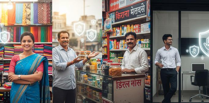 Portraits of diverse Indian small business owners across textile, retail, and office sectors, representing beneficiaries of government-backed credit guarantee schemes.