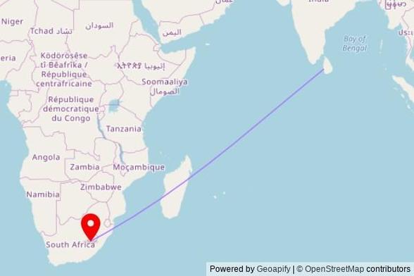 A map showing the great circle route from Kerawalapitiya in Sri Lanka to a map pin at Mohale's Hoek Lecsa Church, Motlejoeng Road, Mohale's Hoek, Lesotho