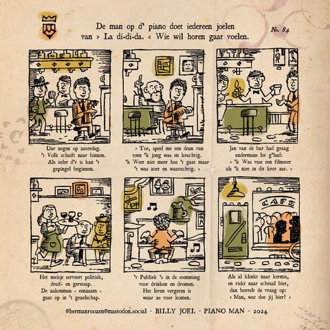 Hertaling van 'piano man' van Billy Joel in centsprentvormgeving.