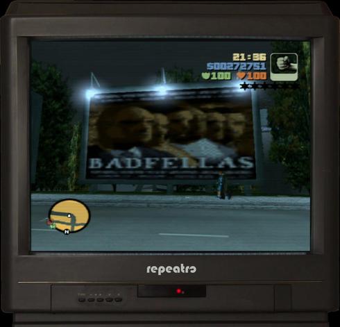 Sign adverting a movie called "Badfellas" in GTA III in Shoreside Vale close to the Francis International Airport.