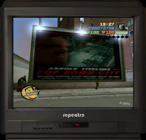 Sign adverting a movie called "Top Down City" with Arnold Steelone in GTA III in Shoreside Vale.