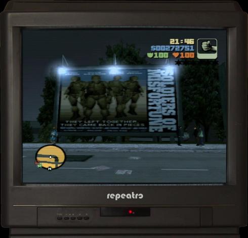 Sign adverting a movie called "The Soldiers of Misfortune" in GTA III in Shoreside Vale close to the Francis International Airport.