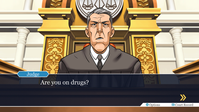 The judge from "My Cousin Vinny" drawn in Ace Attorney style. Dialog Reads: "Are you on drugs?"