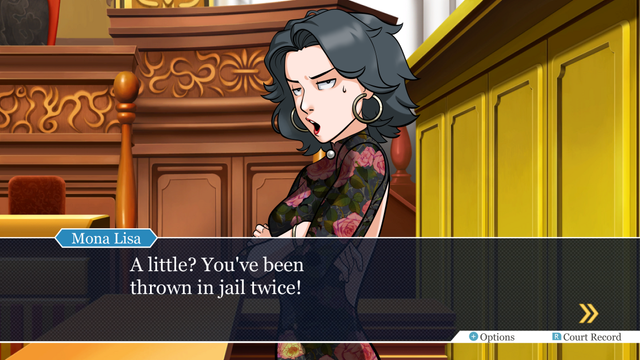 Mona Lisa from "My Cousin Vinny" drawn in Ace Attorney style. Dialog Reads: "A little? You've been thrown in jail twice!"
