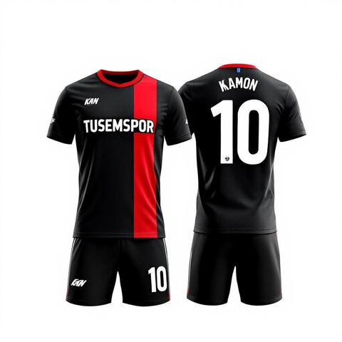 Siyah zeminli, kırmızı dikey bantlı ve arka yüzünde büyük 10 numara olan dijital futbol forması

