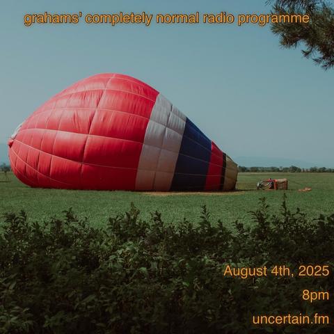 A hot air balloon being inflated on a grassy field.

Orange text overlaid promoting a radio show, details in the main post.
