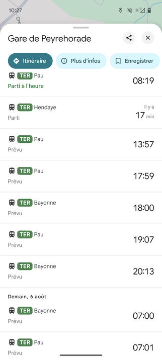 Capture d'écran Google Maps montrant les horaires au départ de Peyrehorade - quatre trains par jour et par sens (Pau et Bayonne, avec un train prolongé pour Hendaye)