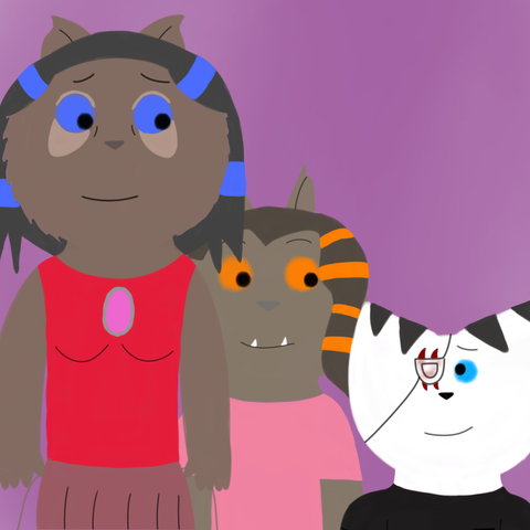 Drawing of Rose looking lovingly at Minea with a smile and Grace looking at Minea with a smile. Minea looks both Grace and Rose lovingly with a smile