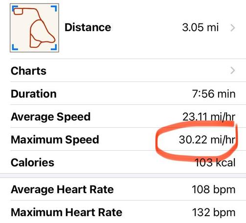 Stats from a bike ride, showing maximum speed of 30.22 miles per hour.