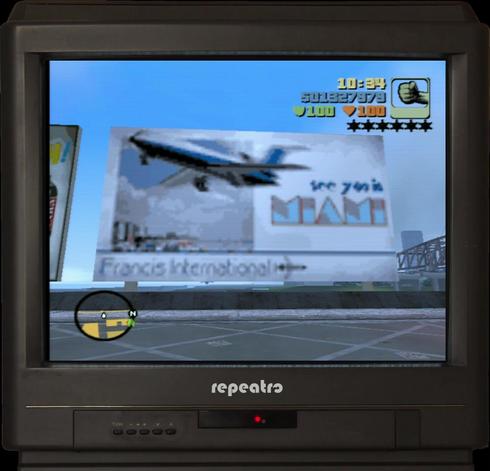 Billboard in Staunton Island in GTA III. Reads "see you in MIAMI" and "Francis International" and shows a plane taking off.