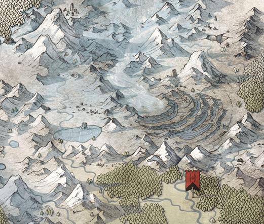 Crop of a tiny area of a much larger fantasy map. There's a long glacier that melts into a series of bow-shaped lakes on a terminal moraine, a frozen lake with a tower, many snowy peaks, dense forest, mysterious ruins, and also a red and black banner.
