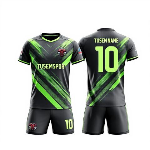 Kömür grisi zeminli, fosforlu yeşil çapraz çizgili dijital futbol forması