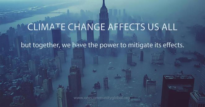 Flooded New York City with Empire State Building surrounded by water illustrating "CLIMATE CHANGE AFFECTS US ALL" and need for climate action
