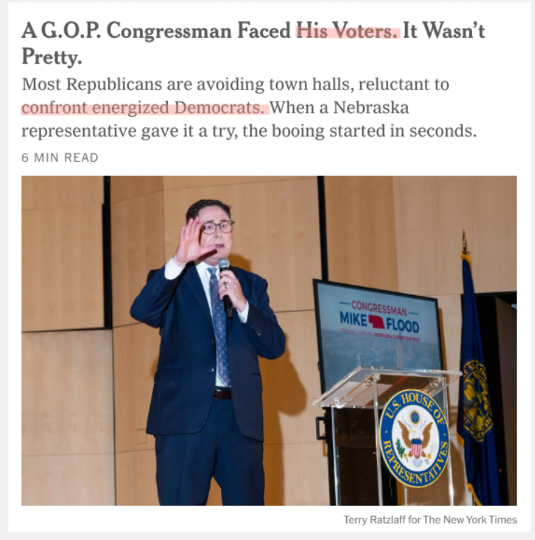 A G.O.P. Congressman Faced His Voters. It Wasn’t Pretty.
Most Republican lawmakers are avoiding town hall meetings, reluctant to confront energized Democrats and answer tough questions. When Representative Mike Flood of Nebraska gave it a try, the booing started in seconds.
