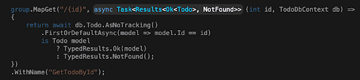 Highlighting three levels of generic types in a return type to denote variations of results from a Minimal API endpoint.