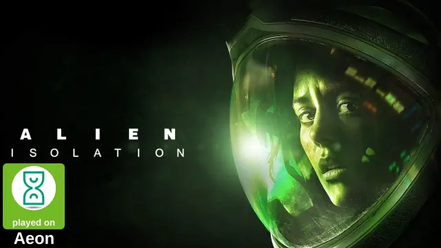 The image is a close-up portrait of a female astronaut in a spacesuit, viewed from a slightly low angle. The lighting is dim and green-tinged, creating a sense of claustrophobia and unease. The helmet visor reflects a distorted view of what appears to be a dimly lit corridor, adding to the feeling of isolation and confinement. The woman looks scared and an alien figure is reflecting in the visor of the helmet