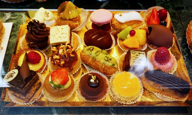 A tray of beautiful, delicious French pastries.