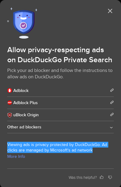 A screenshot that demonstrates DuckDuckGo having an Advertisement partnership with Microsoft