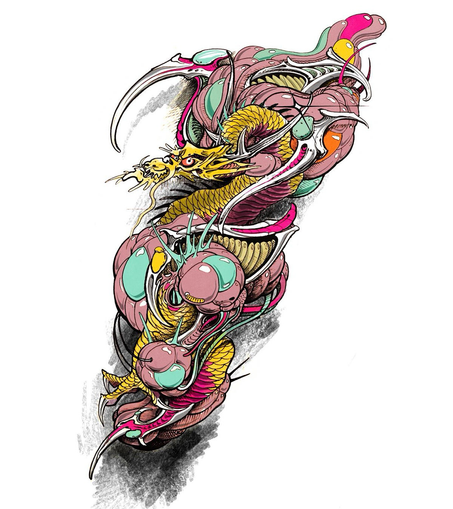 A vibrant, colorful tattoo-style illustration of a dragon with mixed elements. The design features bold curves, layered textures, and bright shades blending flame motifs, mythical patterns, and modern fantasy aesthetics. The dragon’s body flows dynamically, merging strength and symbolism in a striking visual.