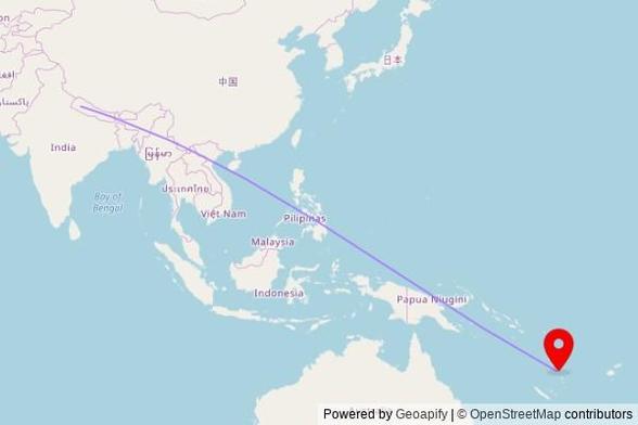 A map showing the great circle route from Narayan in Nepal to a map pin at Cathédrale du Sacré-Cœur, Bouganville Street, Port Vila, Vanuatu
