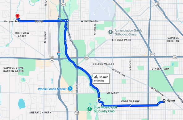Map showing a bike route.