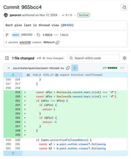 Screenshot of a GitHub commit showing code changes in a TypeScript file. The commit message is "Sort pins last in thread view." The code adds logic to sort items by checking if the text contains a pin emoji (📌) and moves pinned items to the end of a list.