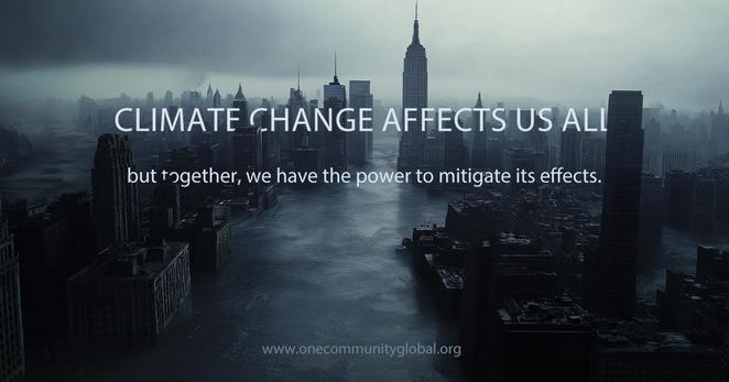 tormy New York City skyline with dark clouds emphasizing "CLIMATE CHANGE AFFECTS US ALL" and collective power to mitigate effects